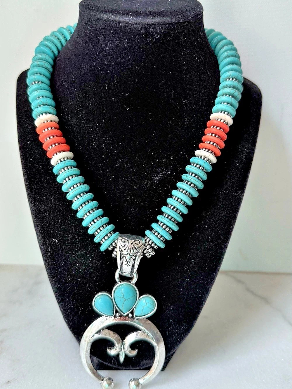 Southwestern Style Naja Pendant Necklace • Faux Turquoise Coral Heishi Bead • Bo